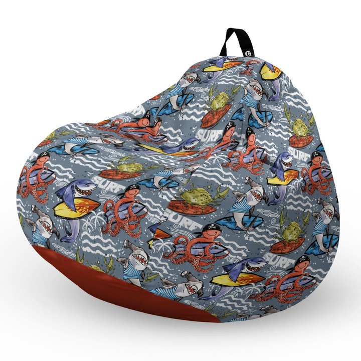 Fotel Updeco Pouf Babzsákfotel, Körte L típus, vízálló, szobai/szabadtéri, belső táska, fogantyúval, 90 x 80 x 60 см, Fotel szörfcápák