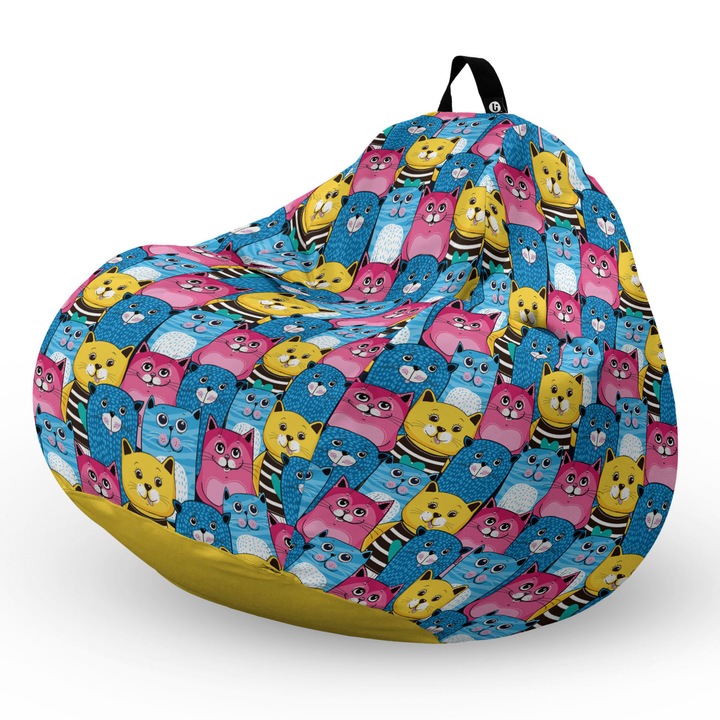 Пуф Updeco Bean Bag, Тип круша L, Водоустойчив калъф, За закрито и открито, с вътрешна предпазна чанта, С дръжка, 80 x 80 x 55 см, Усмихнати котки