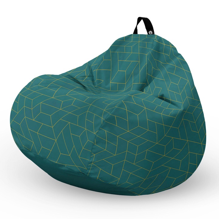 Пуф Updeco Bean Bag, Тип круша L, Водоустойчив калъф, За закрито и открито, с вътрешна предпазна чанта, С дръжка, 80 x 80 x 55 см, Тъмен тюркоаз и златисти линии