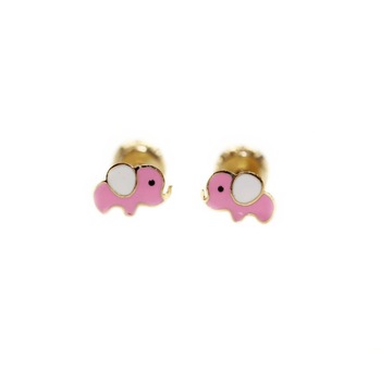 Cercei din aur galben 14k pentru copii, Elefantei roz, 6 mm Cercei din aur galben 14k pentru copii, Elefantei roz, 6 mm