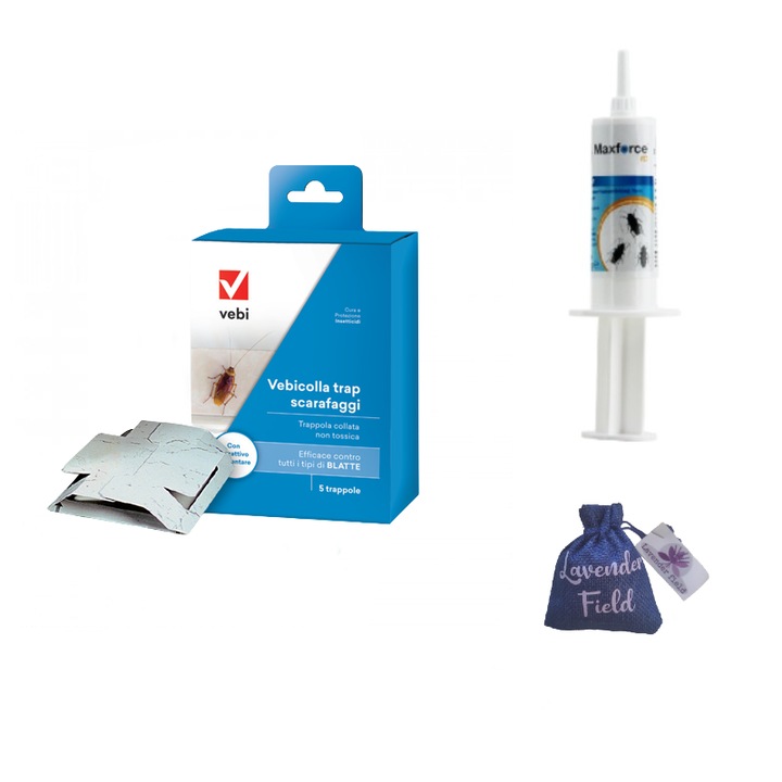 Set Insecticid gel Max Force 20 gr si 5 x capcane profesionale Vebicolla, anti gandaci de bucatarie si canalizare si Saculet lavanda LF 10 gr