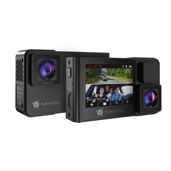 Camera auto DVR NAVITEL RS2 Duo, Filmare infrared, camera wide de interior, rezolutie Full HD, dual mode display, Parking mode, Suport magnetic, Inregistrare in bucla pe microSD