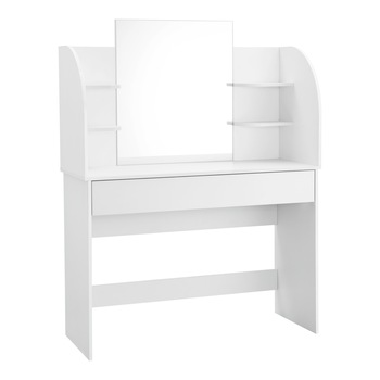 Masa machiaj, en.casa, Kola W, 139,5 x 108 x 40 cm, pal, alb, cu oglinda, rafturi si sertar Masa machiaj, en.casa, Kola W, 139,5 x 108 x 40 cm, pal, alb, cu oglinda, rafturi si sertar