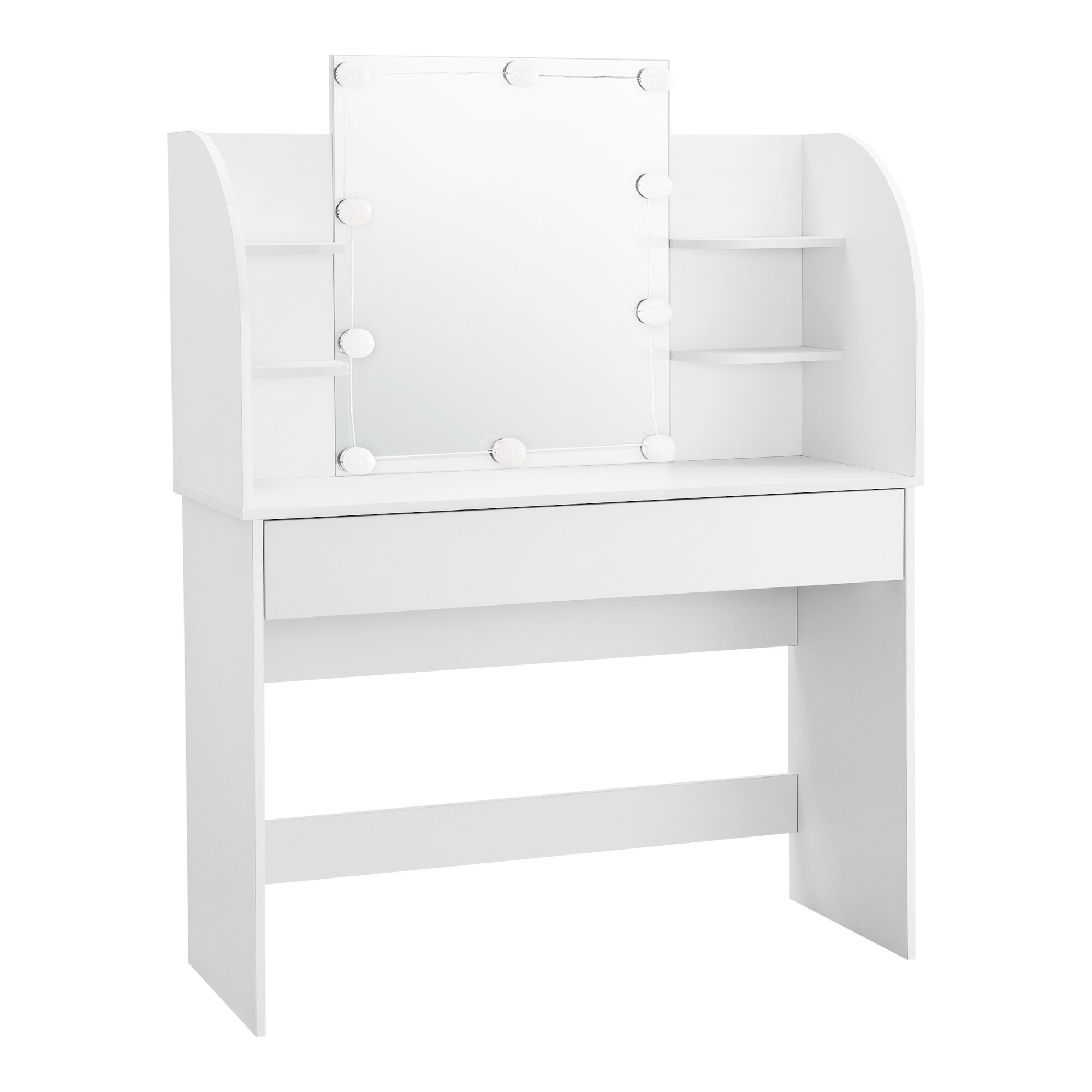 Masa toaleta, en.casa, KolaW, 139,5 x 108 x 40 cm, pal melaminat, alb, cu 10 LEDuri, un sertar si rafturi