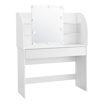 Masa toaleta, en.casa, KolaW, 139,5 x 108 x 40 cm, pal melaminat, alb, cu 10 LEDuri, un sertar si rafturi Masa toaleta, en.casa, KolaW, 139,5 x 108 x 40 cm, pal melaminat, alb, cu 10 LEDuri, un sertar si rafturi