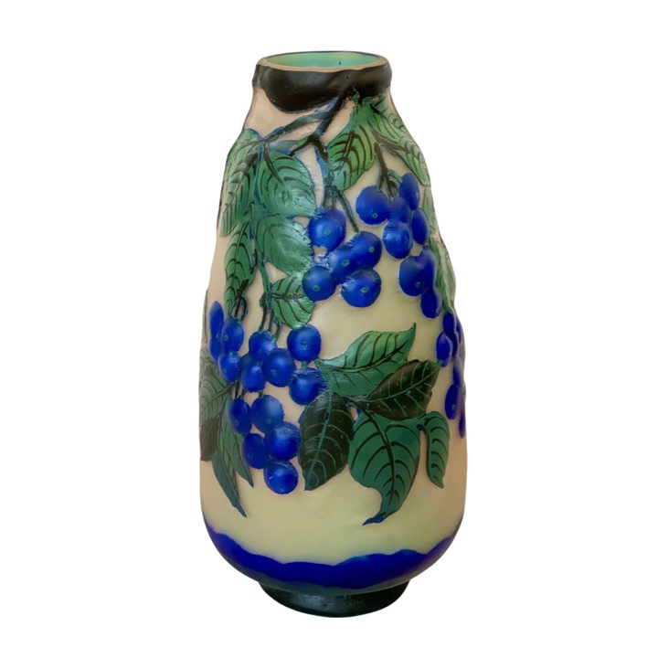 Стъклена ваза тип Гале, с релефна декорация, В30см, Д17см