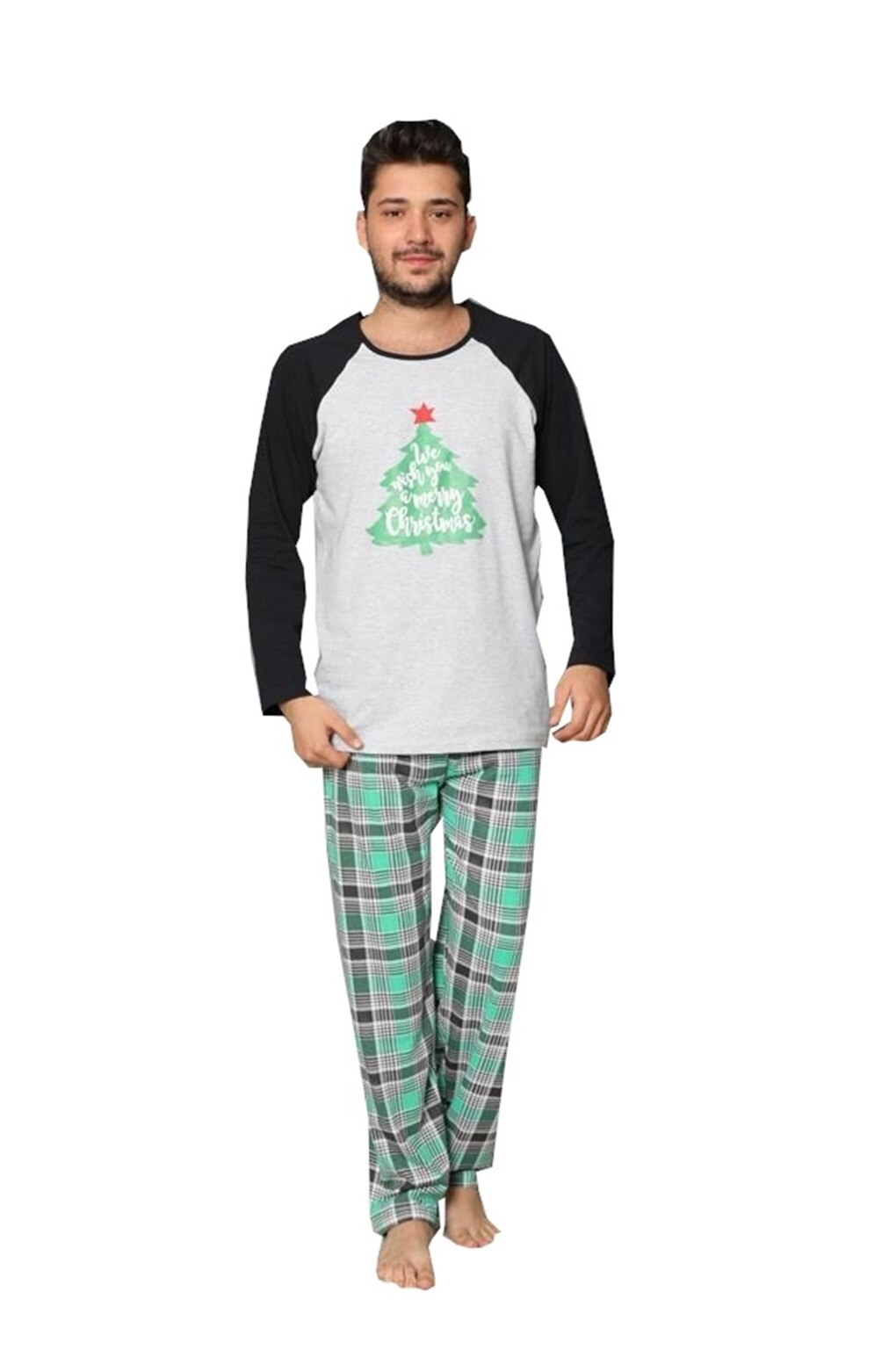 Pijama barbati model Craciun,imprimeu brad, Gri, 2XL