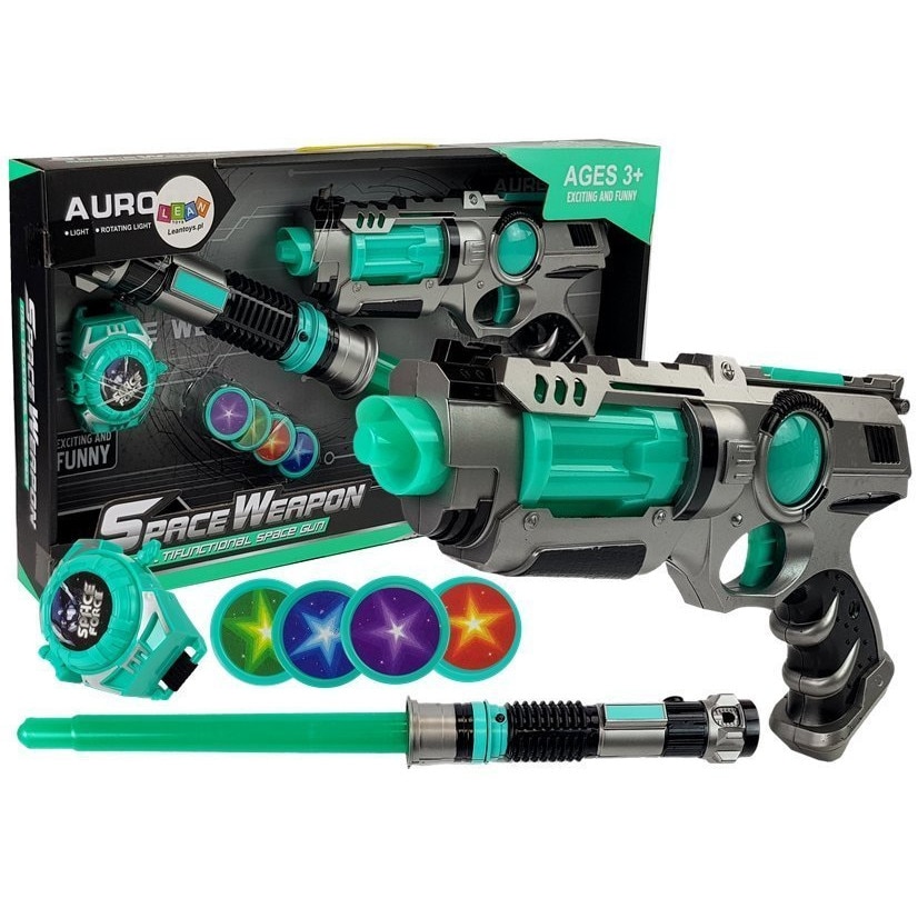 Set de joaca SF pentru copii, pistol laser, sabie laser si lansator de discuri, 7097