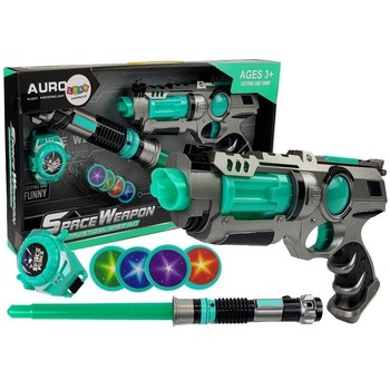 Set de joaca SF pentru copii, pistol laser, sabie laser si lansator de discuri, 7097 Set de joaca SF pentru copii, pistol laser, sabie laser si lansator de discuri, 7097