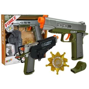 Set de joaca pentru copii, pistol cu toc, insigna si fluier de armata, LeanToys, 7869 Set de joaca pentru copii, pistol cu toc, insigna si fluier de armata, LeanToys, 7869