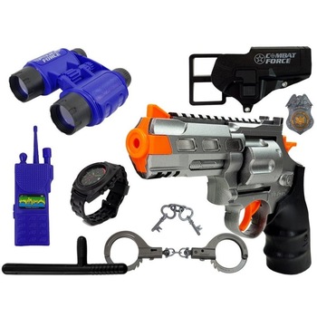 Set de joaca pentru copii, pistol cu catuse, binoclu si diverse accesorii de politie, LeanToys, 7864 Set de joaca pentru copii, pistol cu catuse, binoclu si diverse accesorii de politie, LeanToys, 7864