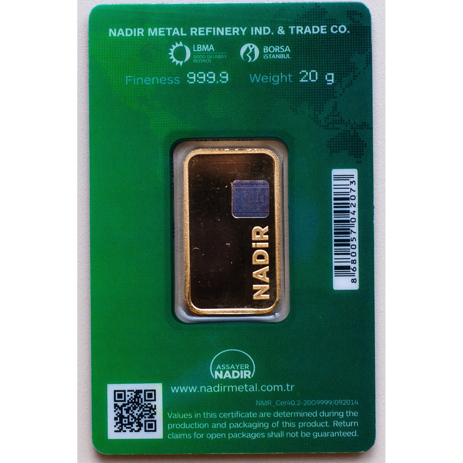 Lingou din Aur, Nadir, 24 K, 20 gr, puritate 999.9‰