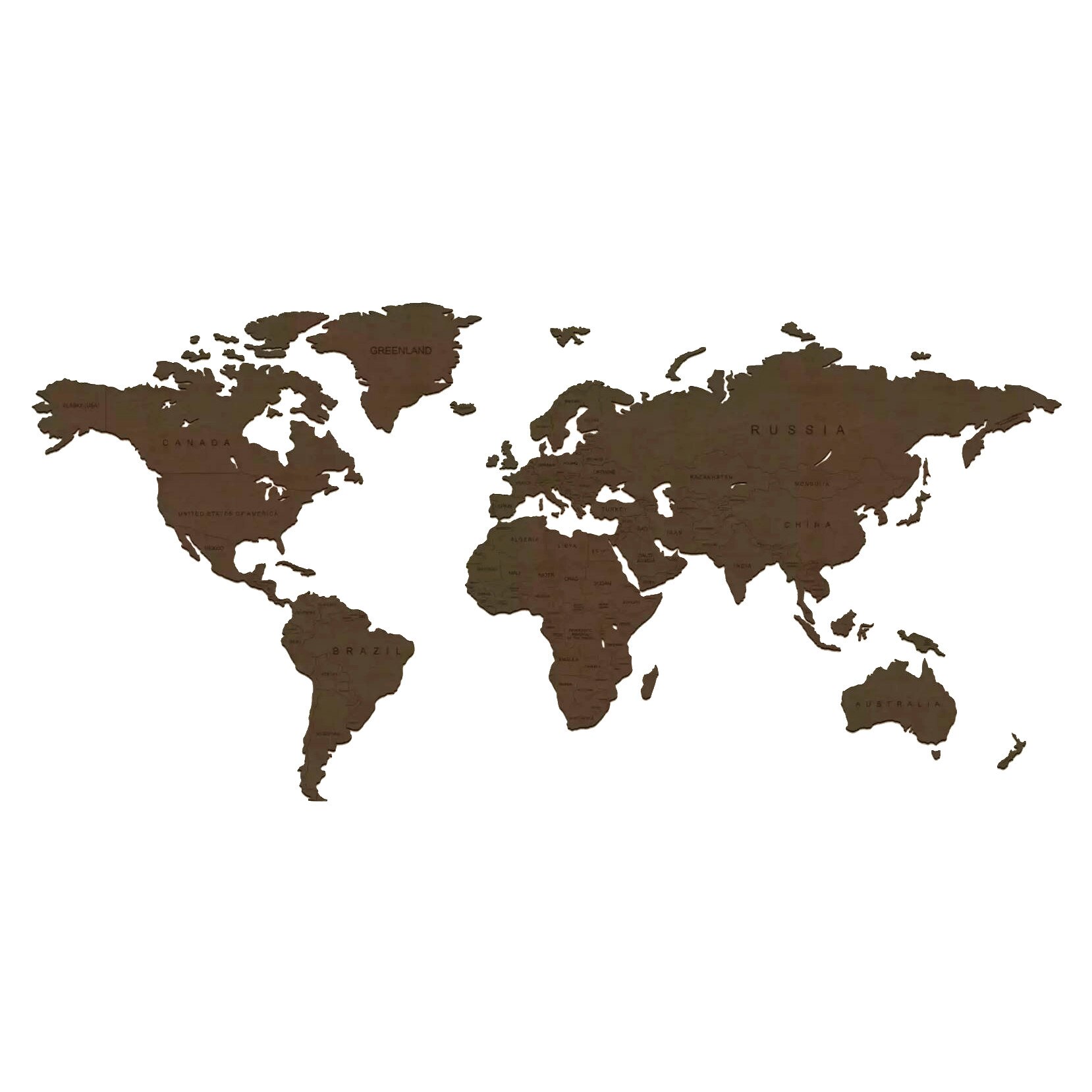 Harta Lumii traforata din lemn, Bossulica, decoratiune de perete, 200x98 cm, wenge