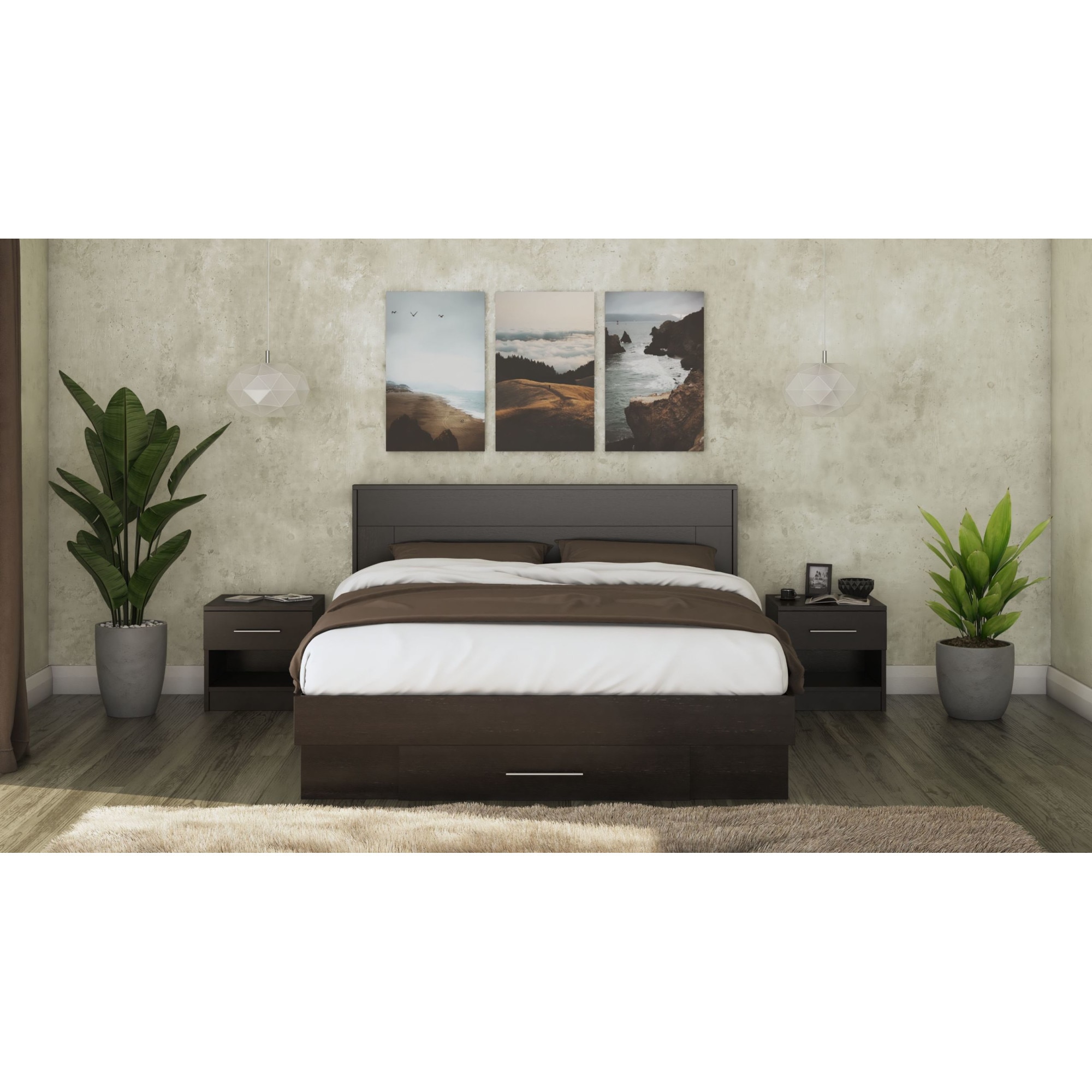 Set pat Beta cu Saltea si Noptiere, Wenge, 160x200 cm, suport saltea inclus