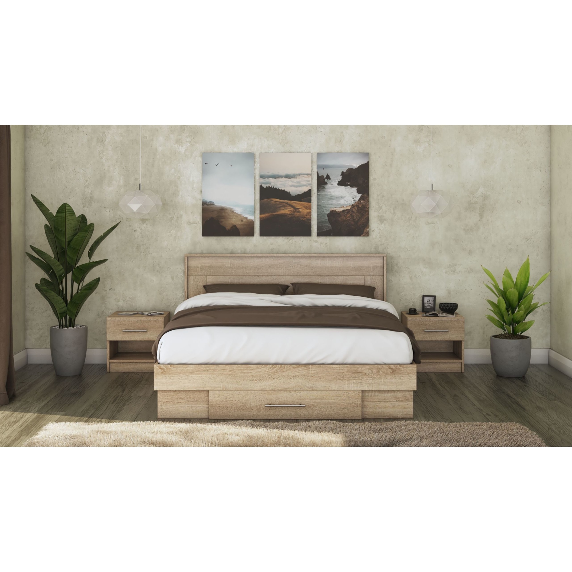 Set pat Beta cu Saltea si Noptiere, Sonoma, 160x200 cm, suport saltea inclus