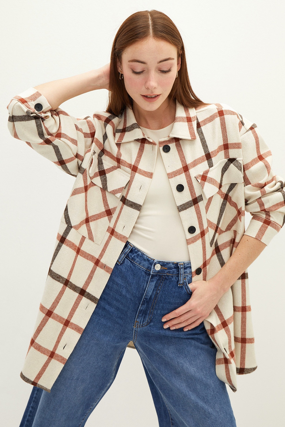 LC WAIKIKI, Jacheta tip camasa in carouri cu buzunare aplicate, Alb prafuit/Maro camel