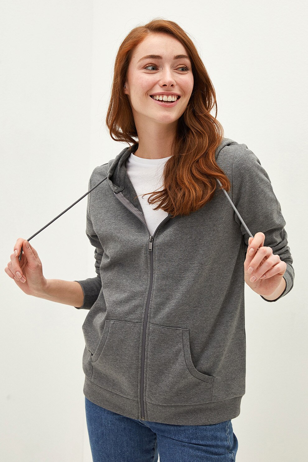 LC WAIKIKI, Hanorac din bumbac cu fermoar si snur de ajustare, Gri inchis melange