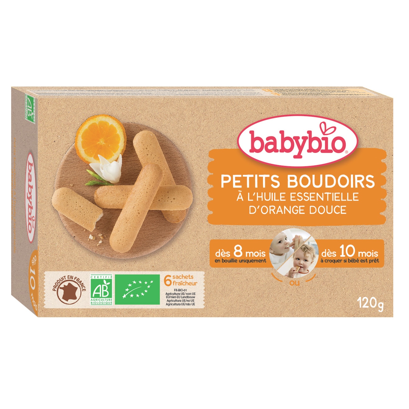 Biscuiti Babybio pentru dinti cu ulei esential de portocala, 120 g, de la 8 luni