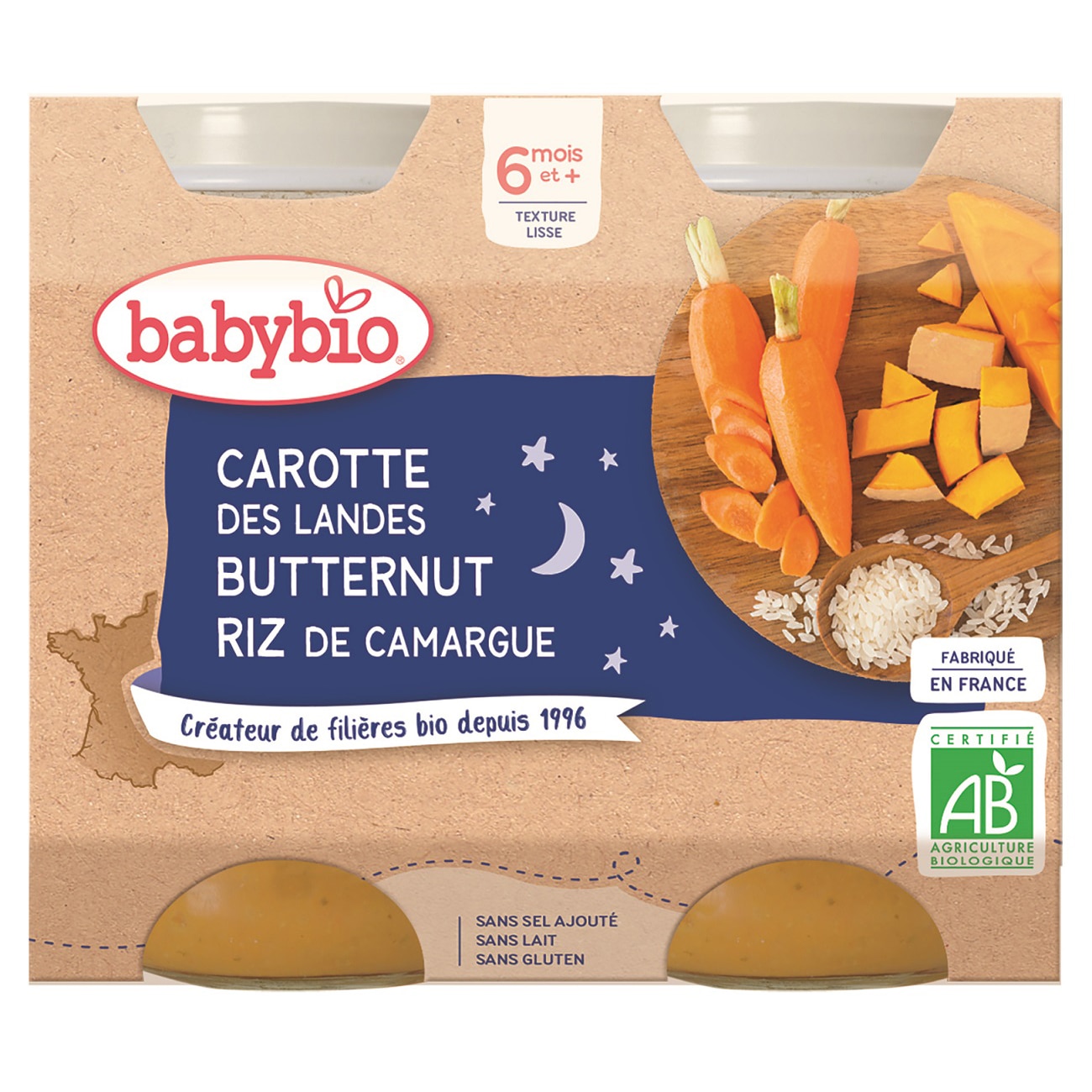 Piure Babybio de morcovi, dovleac si orez 2 x 200 g, de la 6 luni