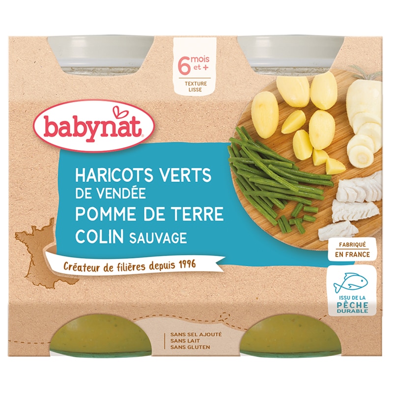Piure Babybio de cartofi, fasole verde si peste cod 2 x 200 g, de la 6 luni