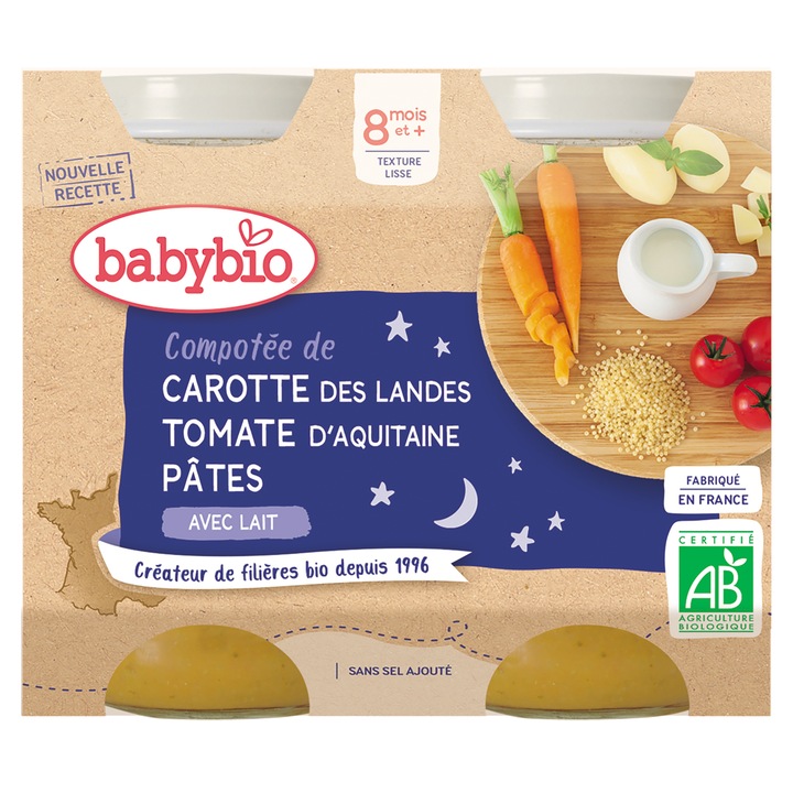 Piure Babybio de morcovi, rosii si paste 2 x 200 g, de la 8 luni