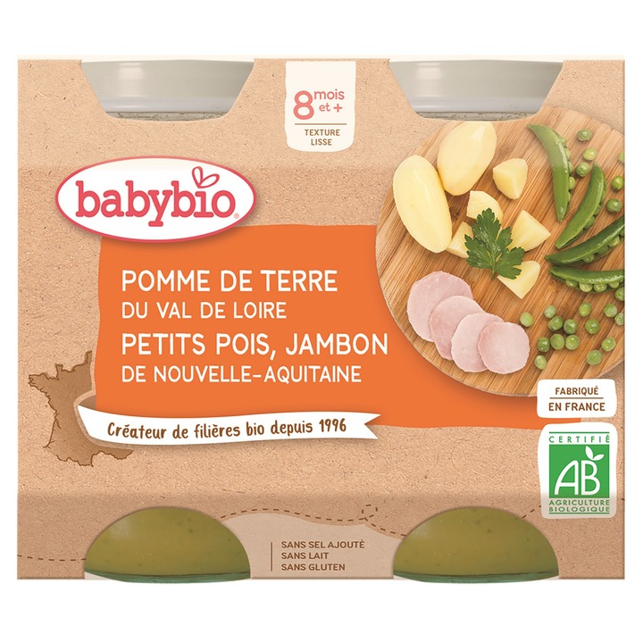 Piure Babybio de cartofi, mazare si jambon 2 x 200 g, de la 8 luni