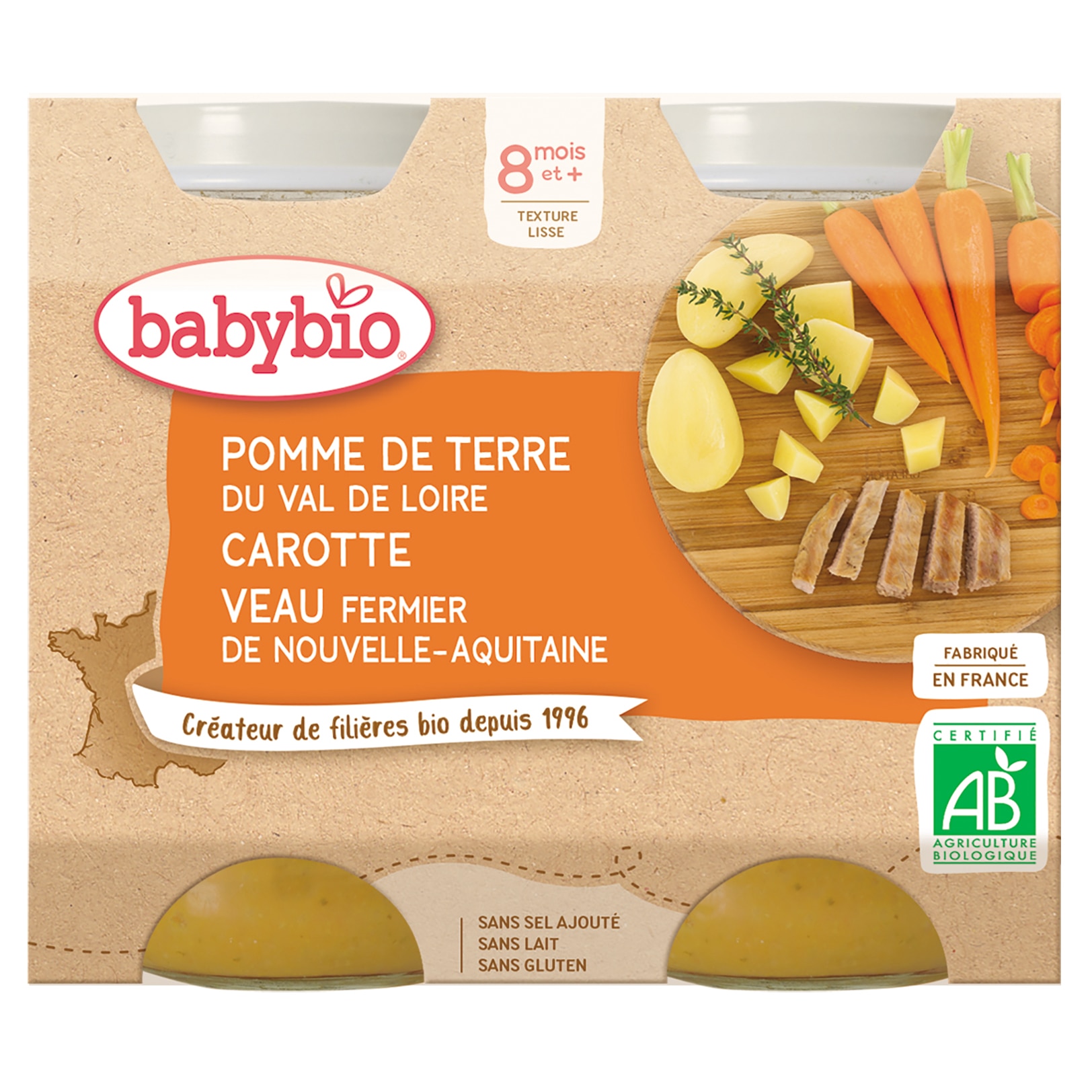 Piure Babybio de cartofi, morcovi si vitel 2 x 200 g, de la 8 luni
