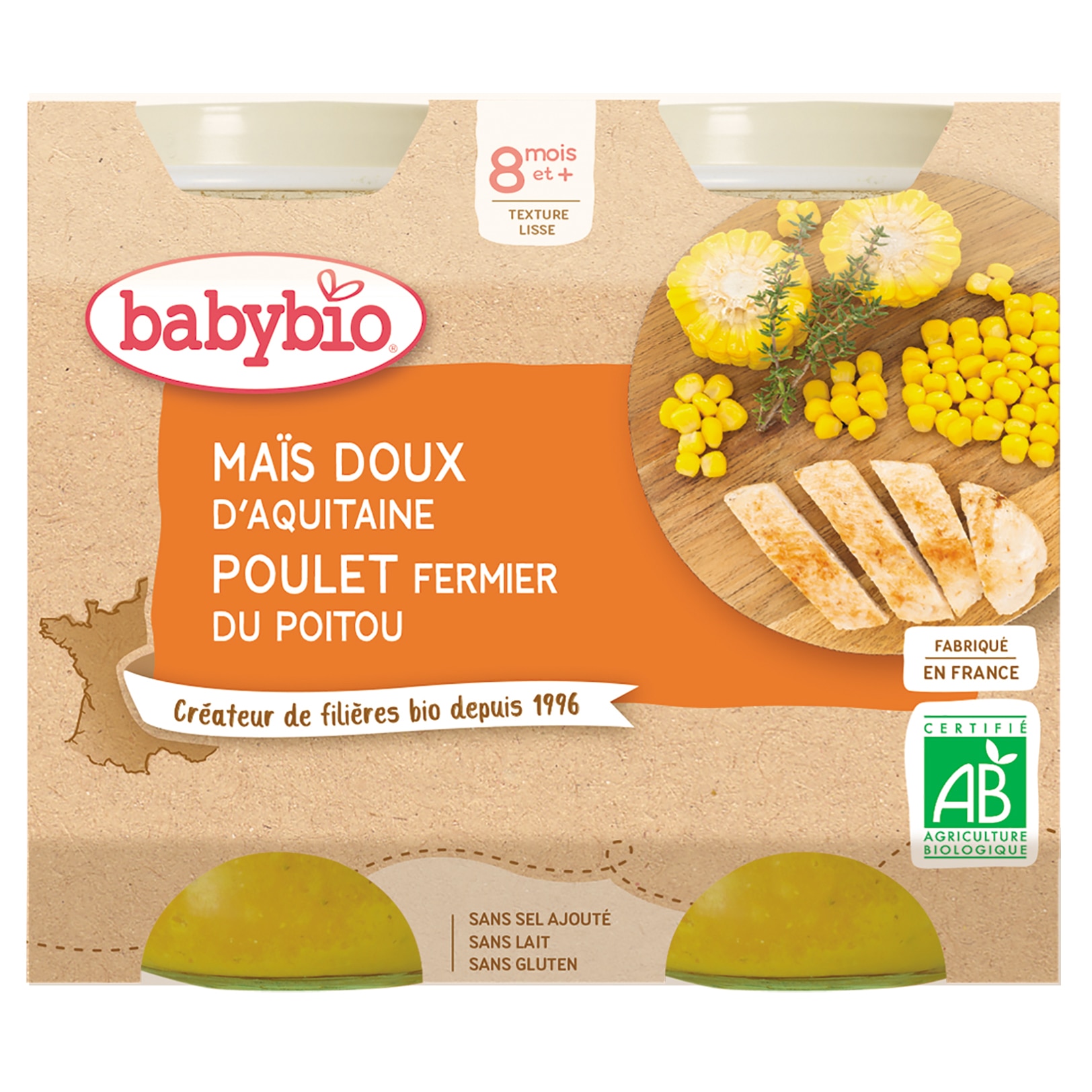 Piure Babybio de porumb dulce si pui 2 x 200 g, de la 8 luni