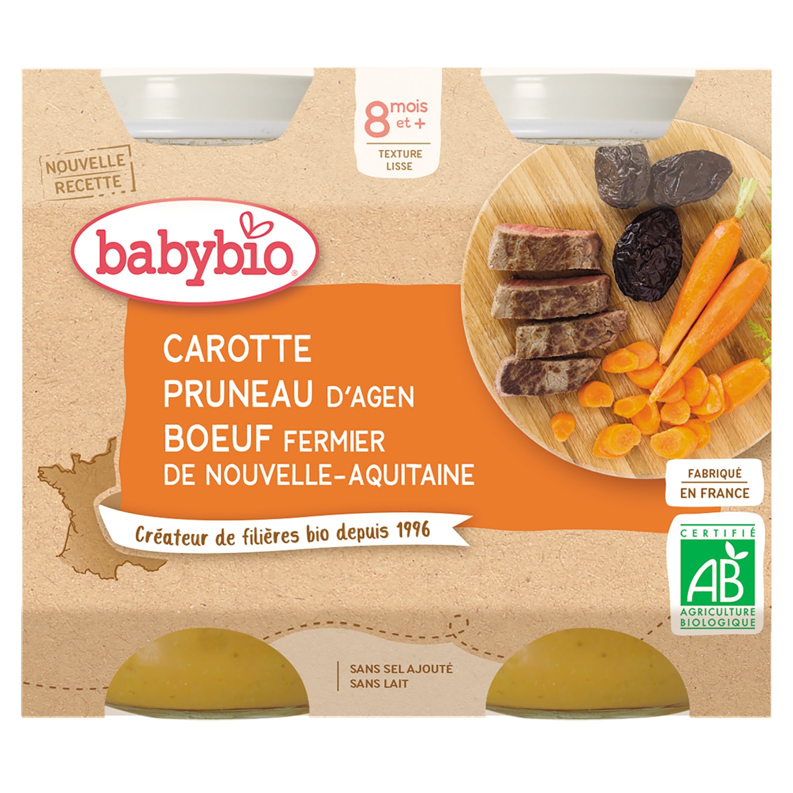 Piure Babybio de morcovi, prune uscate si carne de vacuta 2 x 200 g, de la 8 luni