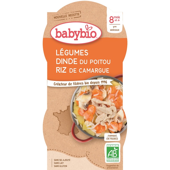 Meniu Babybio tocanita de legume,curcan si orez 2 x 200 g, de la 8 luni