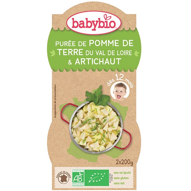 Meniu Babybio piure de cartofi si anghinare 2 x 200 g, de la 12 luni