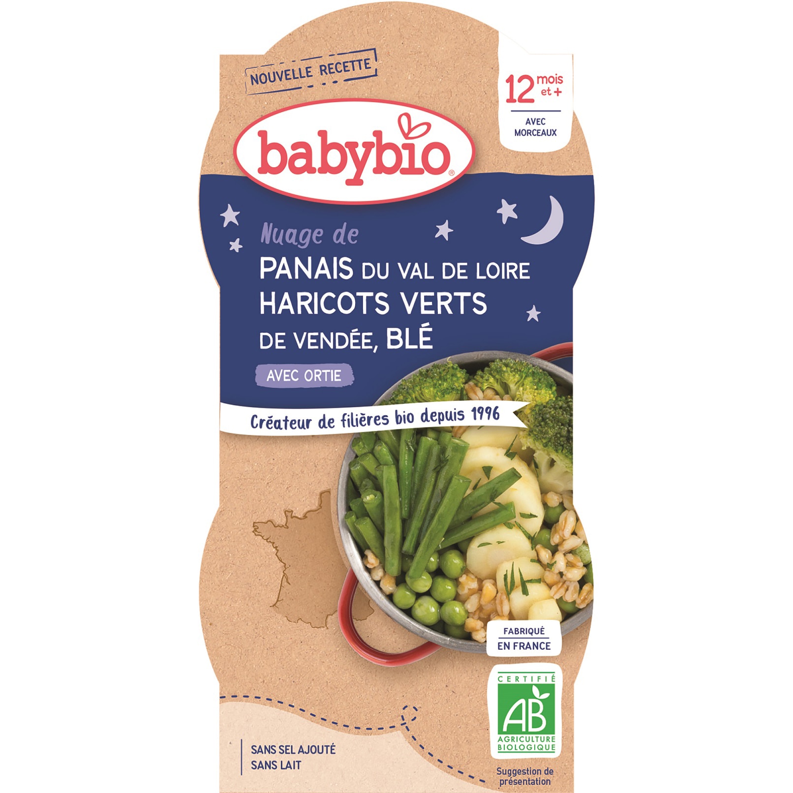 Meniu Babybio cu fasole verde, pastarnac si grau 2 x 200 g, de la 12 luni