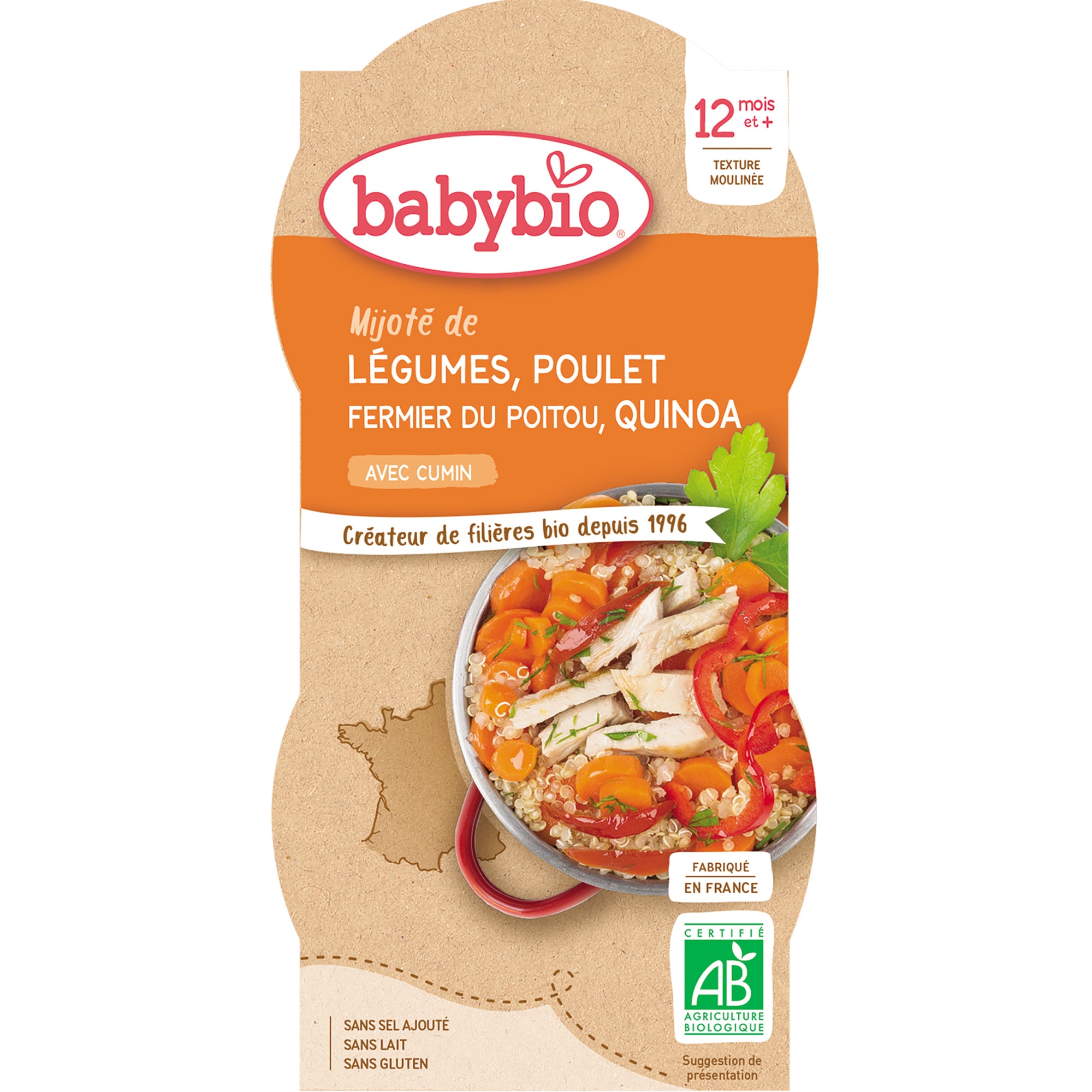 Piure Babybio de legume, pui si quinoa 2 x 200 g, de la 12 luni