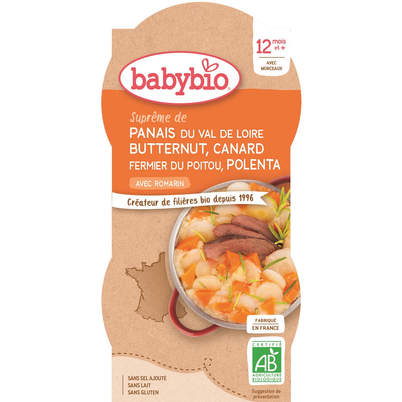 Meniu Babybio cu pastarnac, dovleac, mamaliguta si rata 2 x 200 g, de la 12 luni