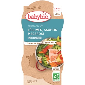 Meniu Babybio piure de legume, peste somon si paste 2 x 200 g, de la 12 luni Meniu Babybio piure de legume, peste somon si paste 2 x 200 g, de la 12 luni
