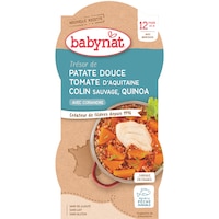 Meniu Babybio cu cartofi dulci, rosii, peste cod si quinoa 2 x 200 g, de la 12 luni