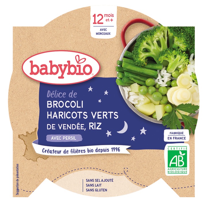 Meniu Babybio cu brocoli, fasole verde si orez 230 g, de la12 luni