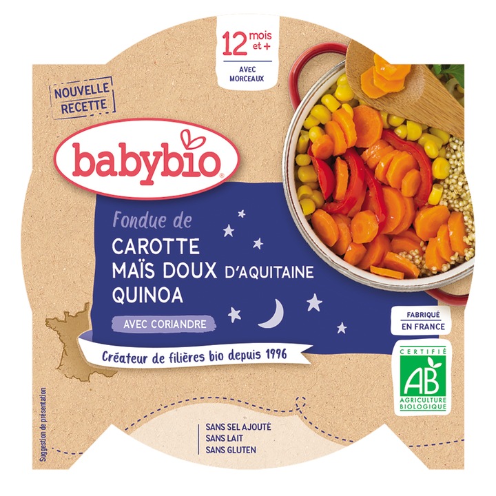 Meniu Babybio fondue de morcovi si porumb dulce 230 g, de la 12 luni