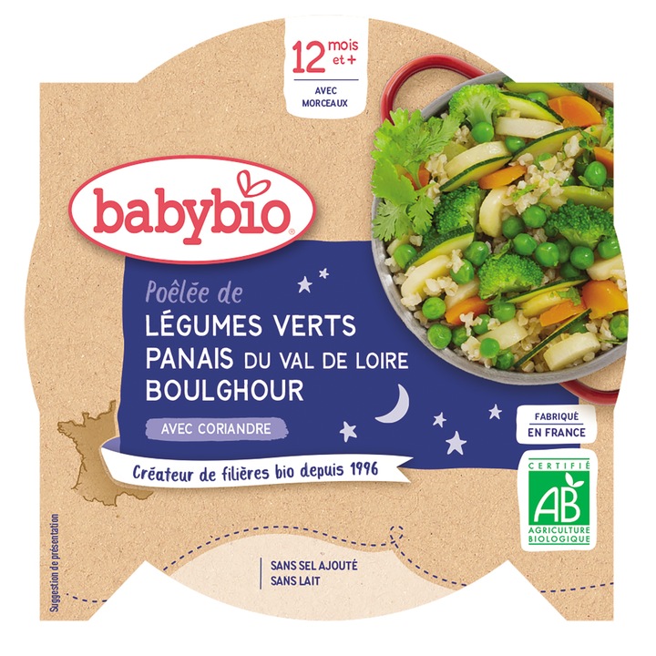 Meniu Babybio cu legume verzi, pastarnac si bulgur 230 g, de la 12 luni