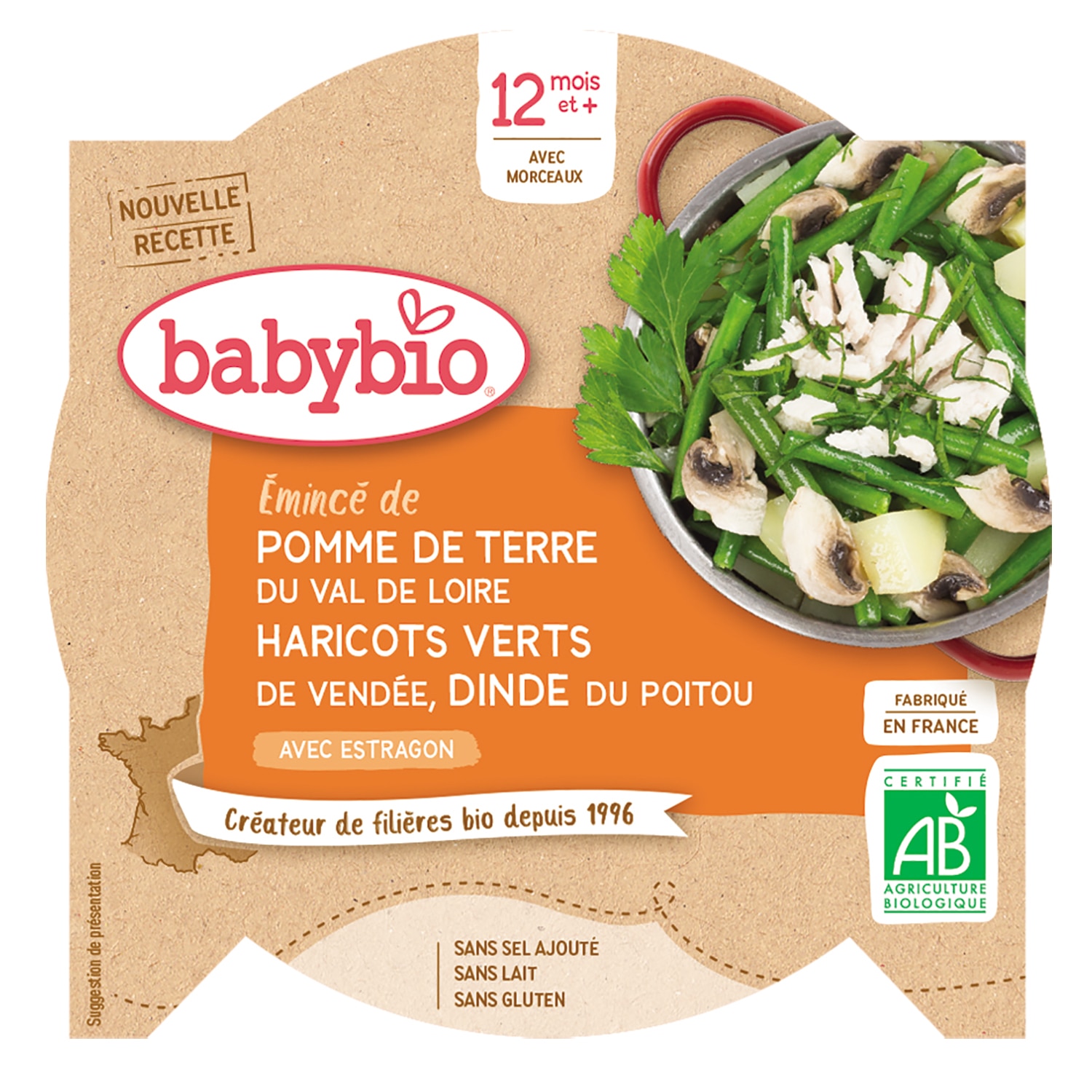 Meniu Babybio cu morcovi, fasole verde si felii de curcan 230 g, de la 12 luni