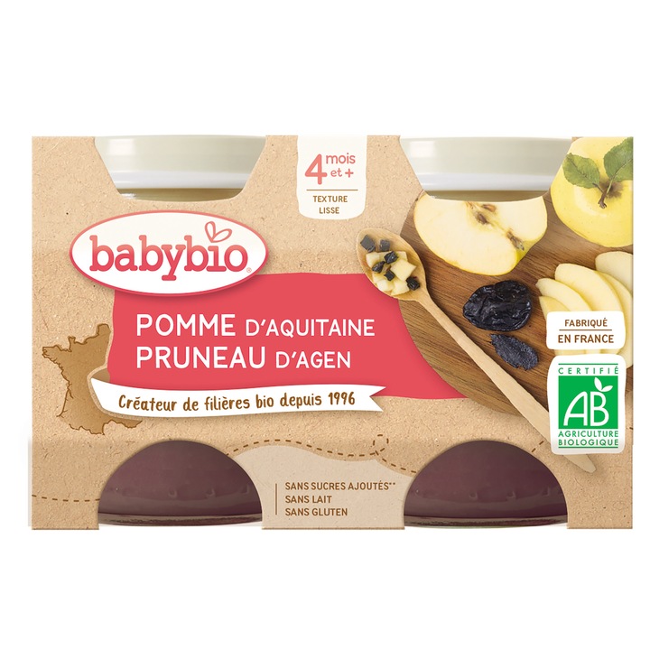 Piure Babybio de mere si prune uscate 2 x 130 g, de la 4 luni