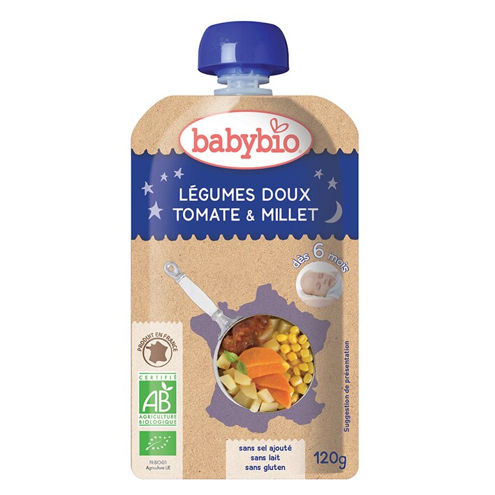 Pouch Babybio piure de legume cu tomate si mei 120 g, de la 6 luni