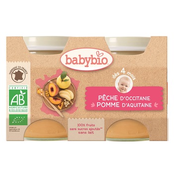Piure Babybio de piersici si mere 2 x 130 g, de la 4 luni Piure Babybio de piersici si mere 2 x 130 g, de la 4 luni