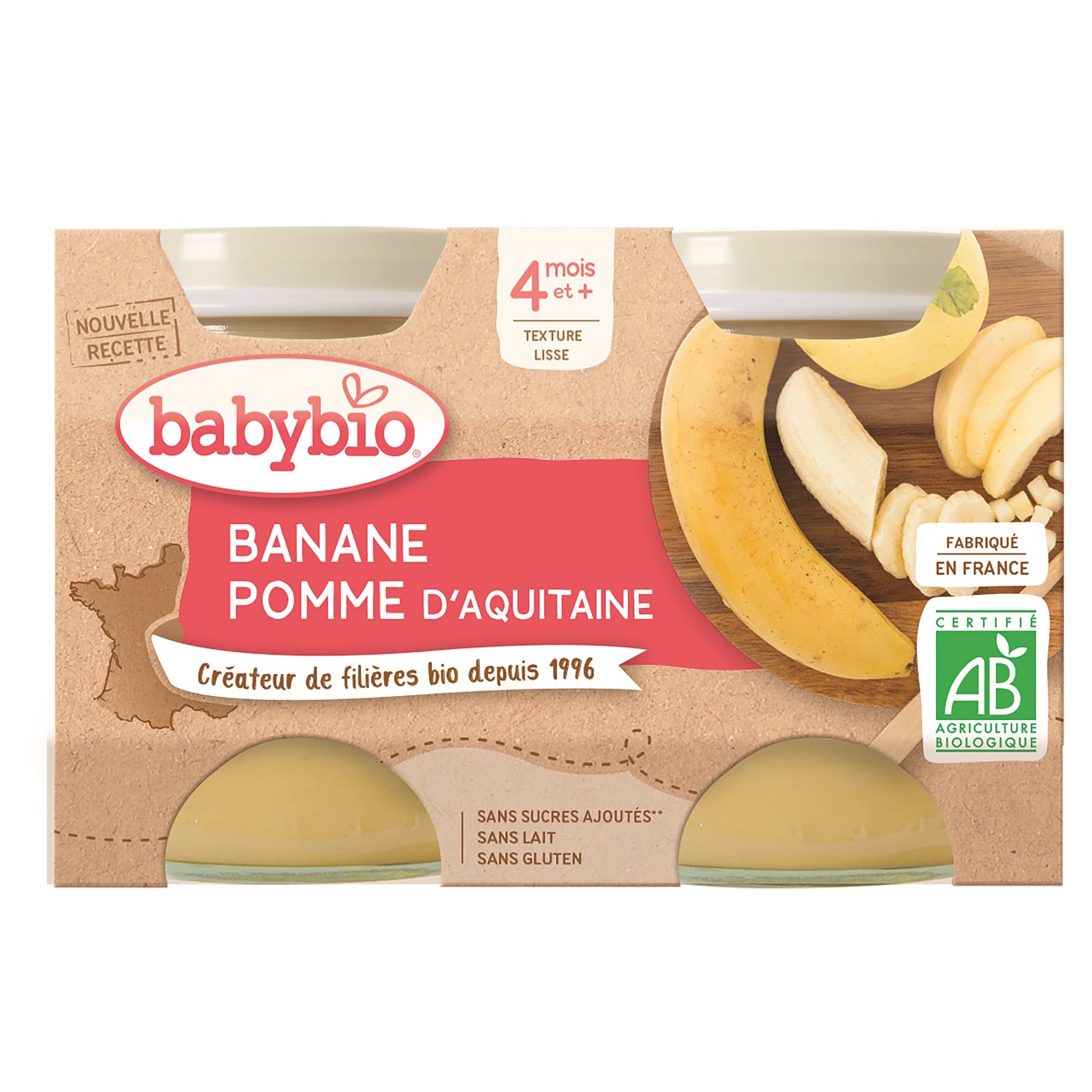 Piure Babybio de mere si banane 2 x 130 g, de la 4 luni