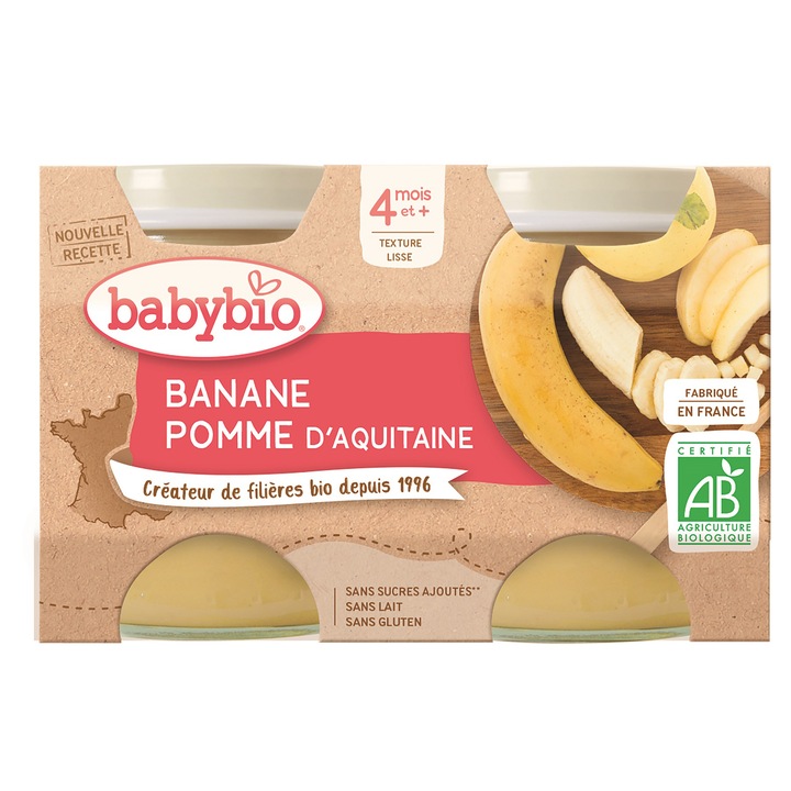 Piure Babybio de mere si banane 2 x 130 g, de la 4 luni
