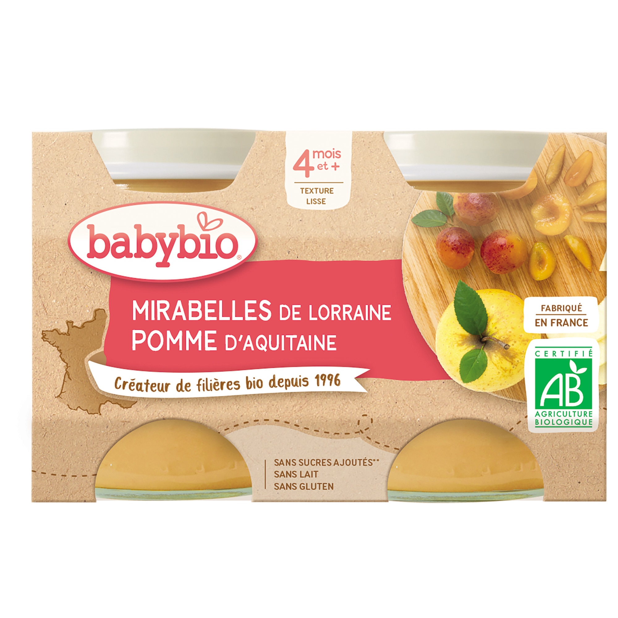 Piure Babybio de corcoduse si mere 2 x 130 g, de la 4 luni