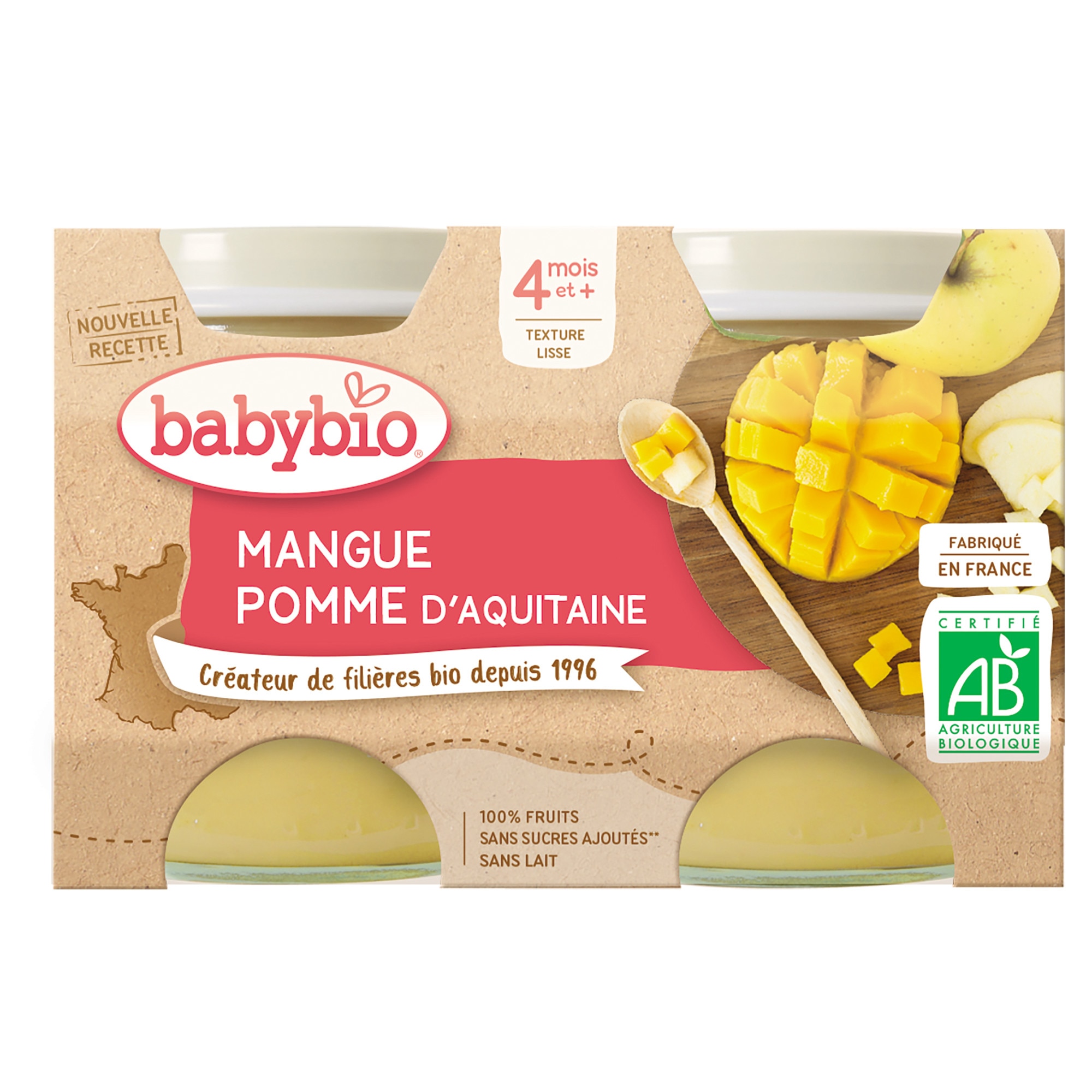 Piure Babybio de mere si mango 2 x 130 g, de la 4 luni
