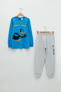 LC WAIKIKI, Pijama cu pantaloni lungi si imprimeu cu desene, Albastru aqua/Gri deschis