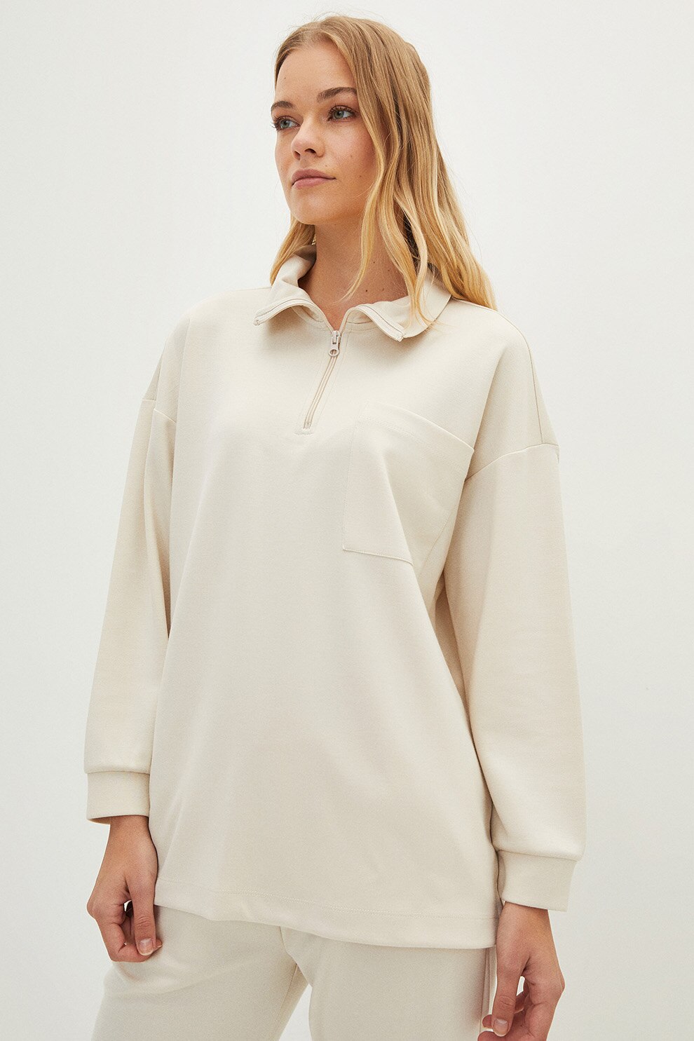 LC WAIKIKI, Bluza de pijama cu buzunar pe piept, Alb fildes