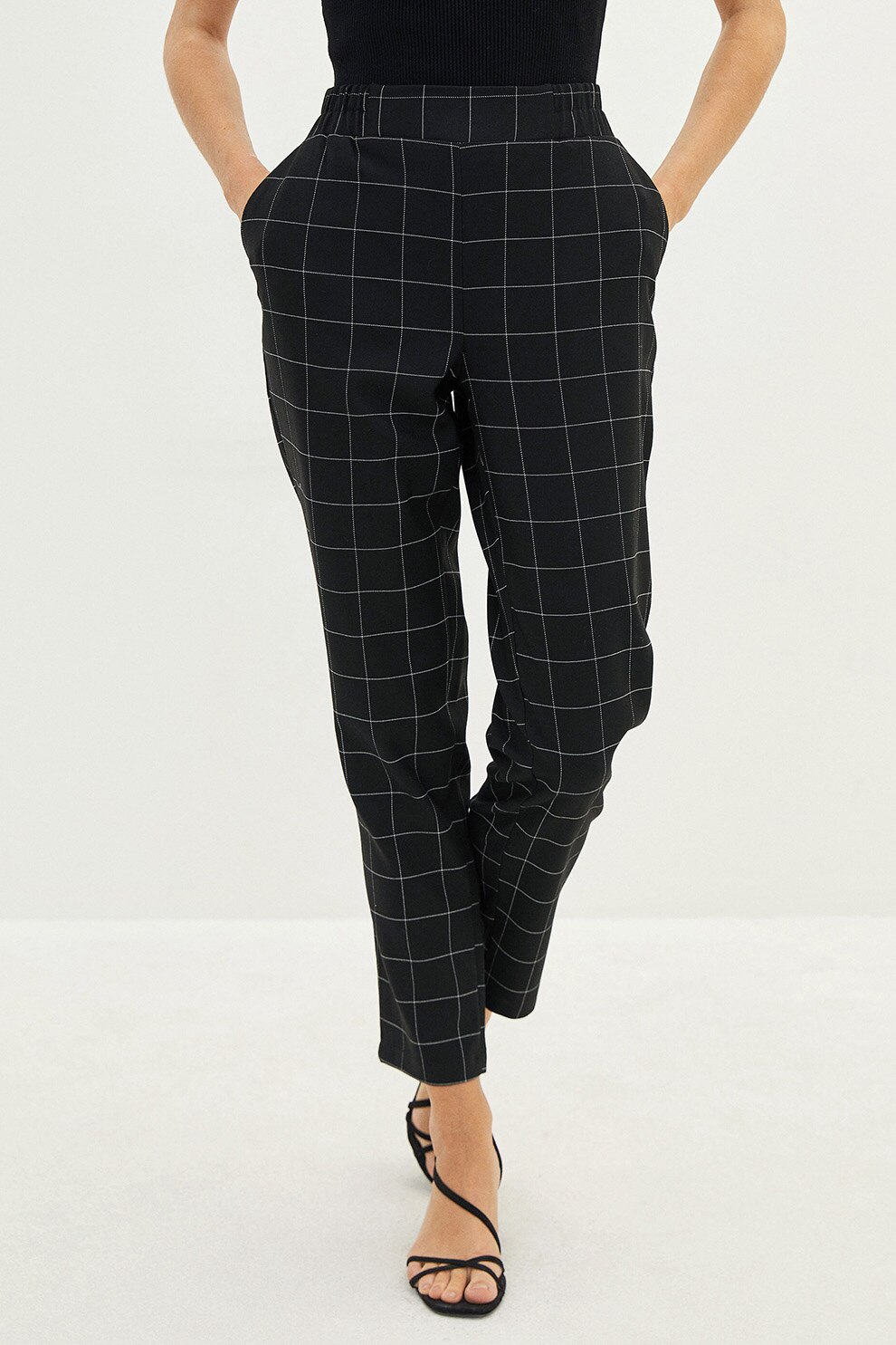 LC WAIKIKI, Pantaloni crop cu model in carouri, Gri inchis